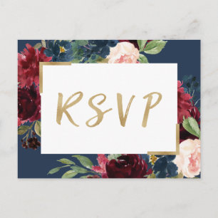 Invitation Carte Postale Burgundy Rouge Blush Floral Navy Blue Wedding RSVP