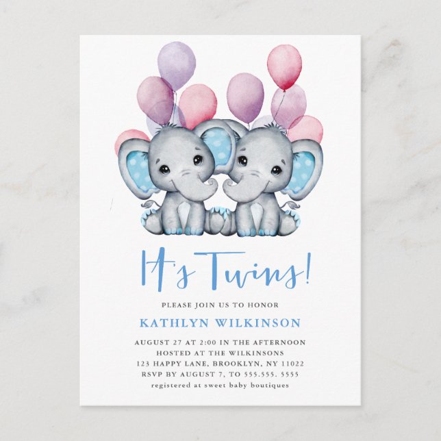 Invitation Carte Postale C’est Twins Elephant Blue Balloon mignon Baby show (Devant)