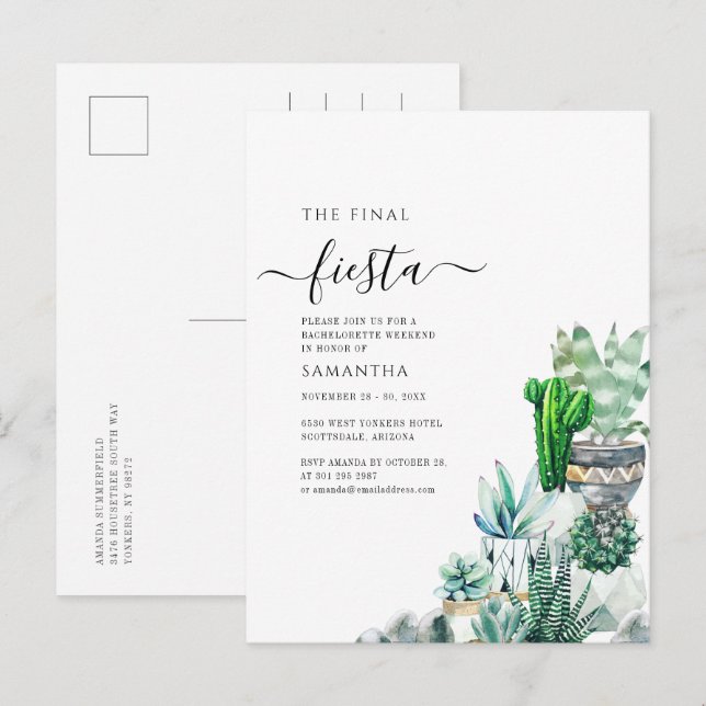 Invitation Carte Postale Cactus Green Bachelorette Week-end (Devant / Derrière)
