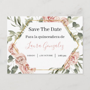 Invitation Carte Postale Cadre or avec roses Enregistrer la date quinceañer