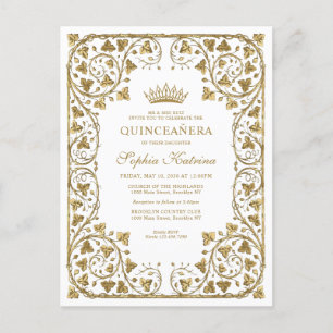 Invitation Carte Postale Cadre Vintage en or blanc Tiara Quinceanera