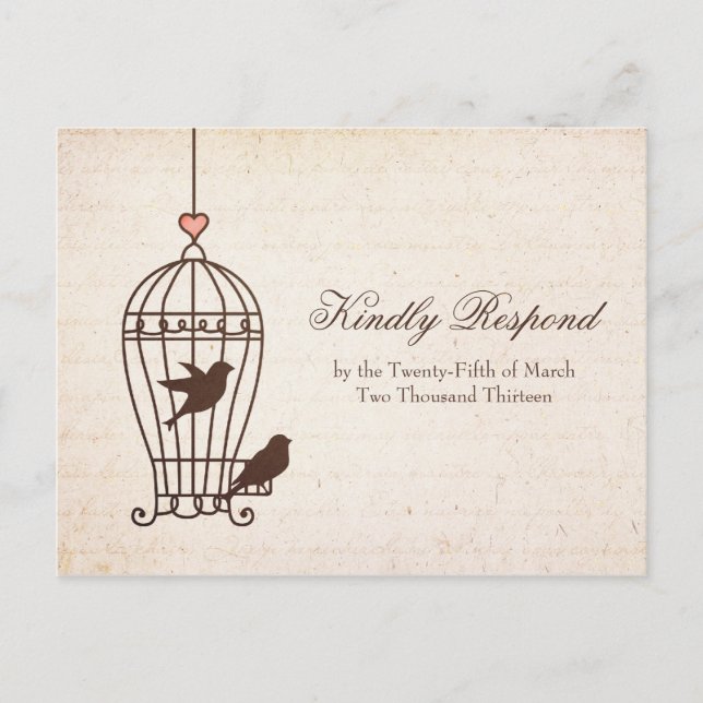 Invitation Carte Postale Cage d'oiseaux fantaisie - Chocolat et mariage ros (Devant)