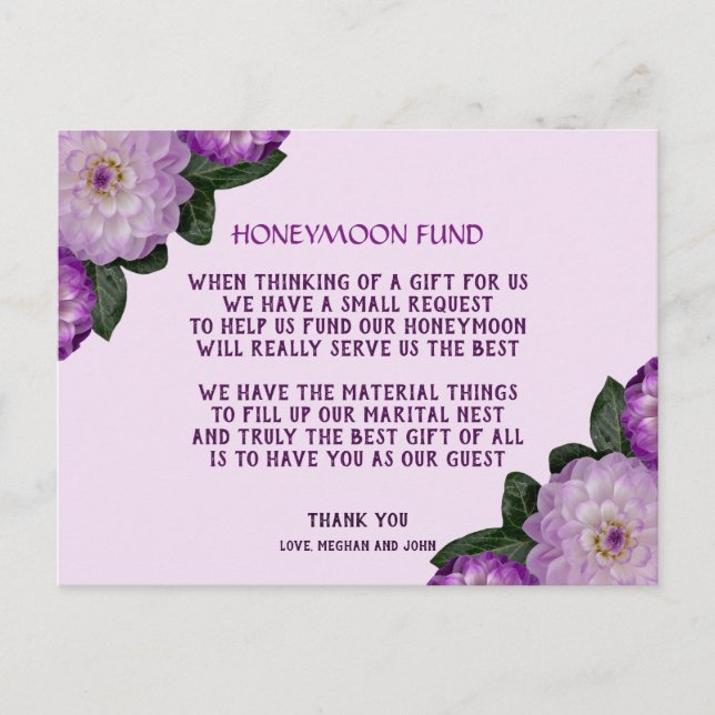 Invitation Carte Postale Caisse de Lune de Miel Fleurie Dahlia Lavande Lila (Devant)