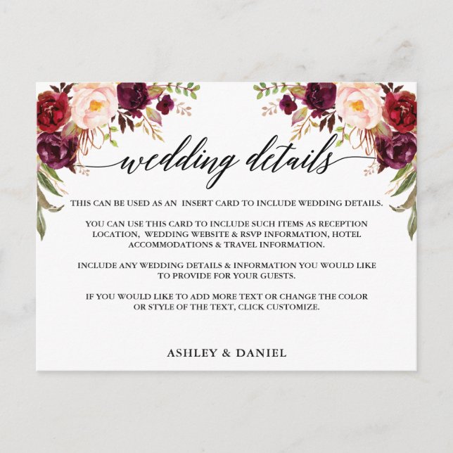 Invitation Carte Postale Calligraphie Bourgogne Floral Mariage Détails Cart (Devant)