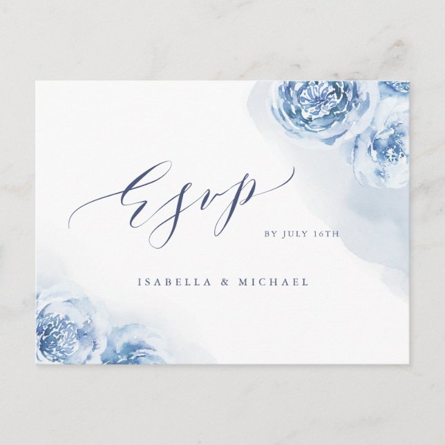 Invitation Carte Postale Calligraphie élégante bleu poussiéreux floral RSVP (Devant)
