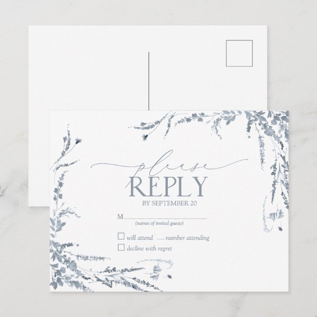 Invitation Carte Postale Calligraphie Fleur sauvage bleu Dusty Mariage RSVP (Devant / Derrière)