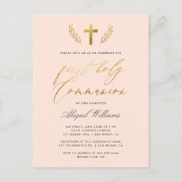 Invitation Carte Postale Calligraphie rose et or Blush Première Communion s