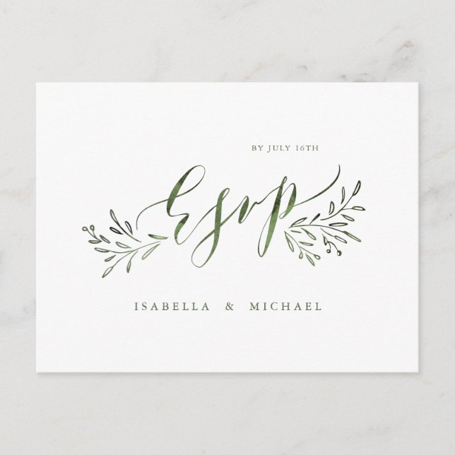 Invitation Carte Postale Calligraphie verte Sage Mariage fleuri rustique RS (Devant)