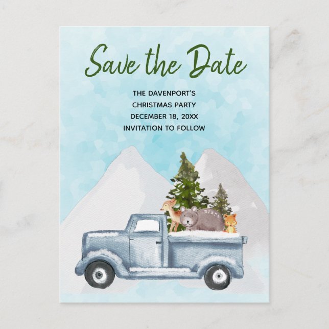 Invitation Carte Postale Camion de Noël avec de mignons animaux Économisez  (Devant)