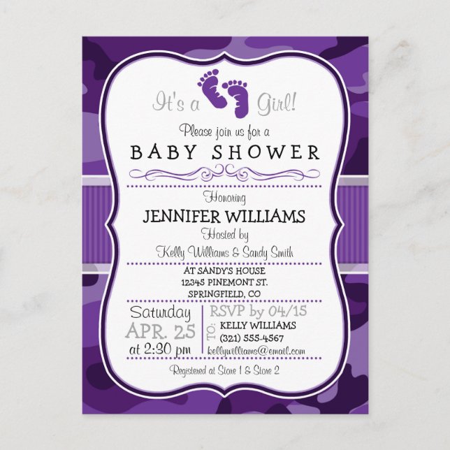 Invitation Carte Postale Camo violet violet, Baby shower Camouflage (Devant)