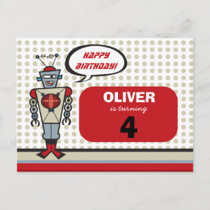 Invitation Carte Postale Caricature Robot Rétro Cute Kids Boy Fête d'annive
