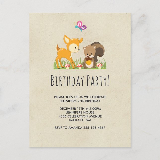 Invitation Carte Postale Caricature Woodland Créations fête d'anniversaire (Devant)