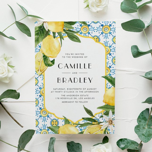 Invitation Carte Postale Carrelage marocain et citrons Mariage méditerranée (Watercolor Moroccan Tile and Lemon Design Mediterranean Wedding Invitation Postcard)