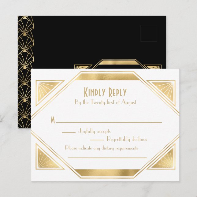 Invitation Carte Postale Carton de réponse élégant Art Déco Gatsby le Magni (Devant / Derrière)