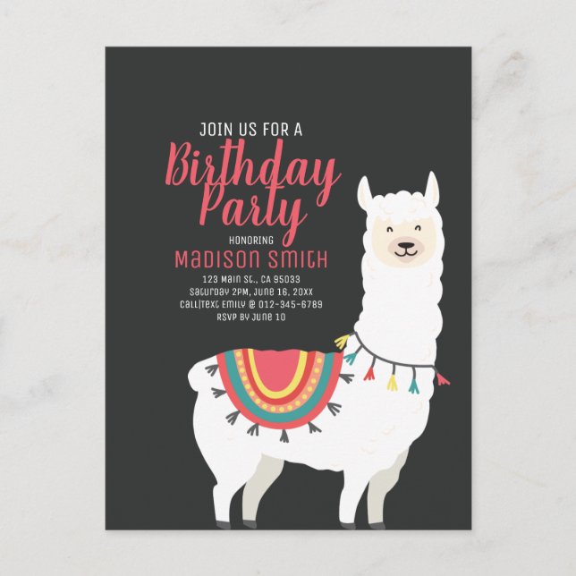 Invitation Carte Postale Carton d'invitation à la fête d'anniversaire Llama (Devant)