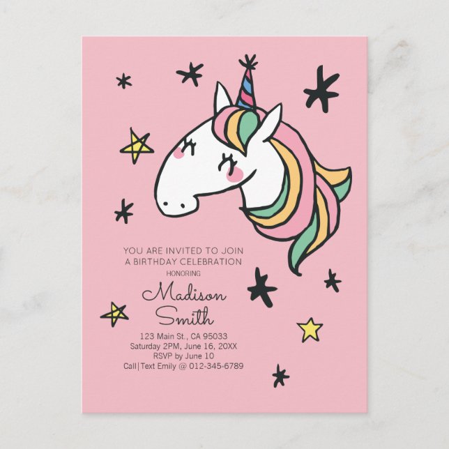Invitation Carte Postale Carton d'invitation d'anniversaire Licorne Arc-en- (Devant)