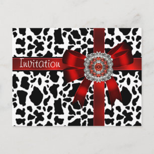 Invitation Carte Postale Carton d'invitation Vache Ruban Rouge Noir Blanc