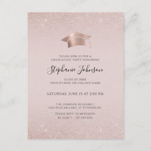 Invitation Carte Postale Casquette or rose et Tassel Blush Pink Grad Party