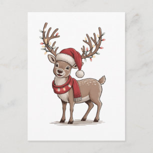 Invitation Carte Postale Cerf Animal Noël Cerf Chapeau de Père Noël Xmas