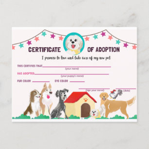 Invitation Carte Postale Certificat d'adoption de marionnettes pour un anim