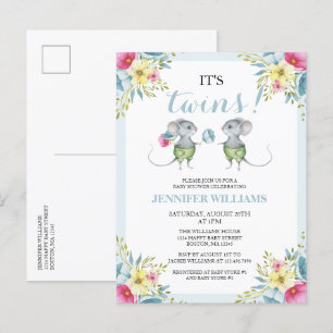 Invitation Carte Postale C'est Twins Blue Floral Boy Twins Baby shower
