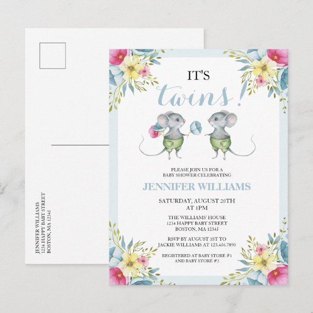 Invitation Carte Postale C'est Twins Blue Floral Boy Twins Baby shower (Devant / Derrière)