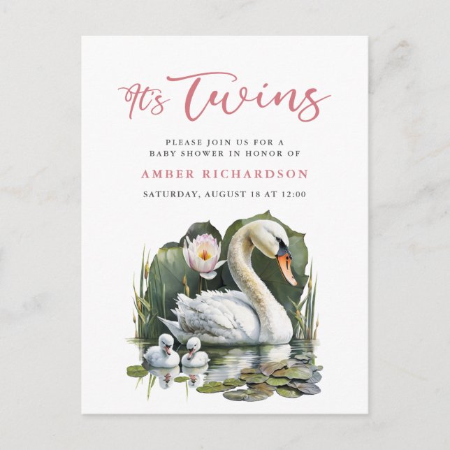 Invitation Carte Postale C'est Twins Elegant Baby shower de cygne à script  (Devant)