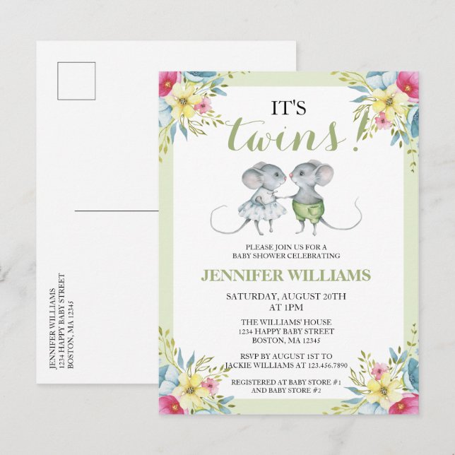 Invitation Carte Postale C'est Twins Green Floral Boy & Girl Baby shower (Devant / Derrière)