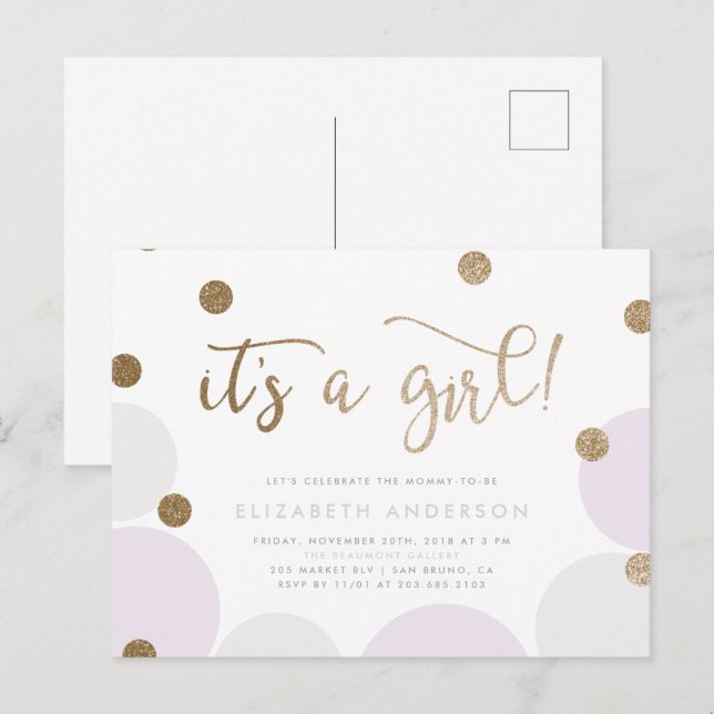 Invitation Carte Postale C'est une fille ! | Purple & Gold Confetti Baby sh (Devant / Derrière)