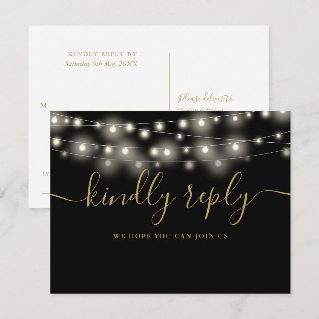 Invitation Carte Postale Chaîne Lights Black And Gold Song Request RSVP (Devant / Derrière)