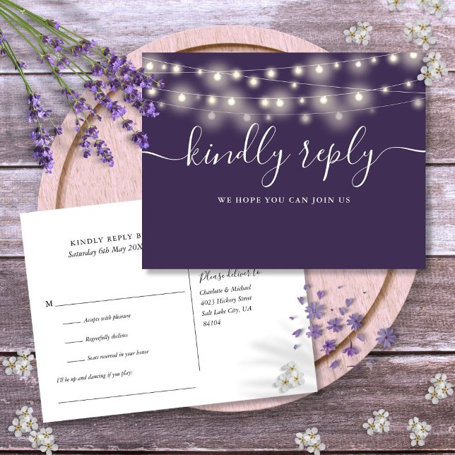 Invitation Carte Postale Chaîne Lights Purple Song Request RSVP (String Lights Purple Song Request RSVP Invitation Postcard)