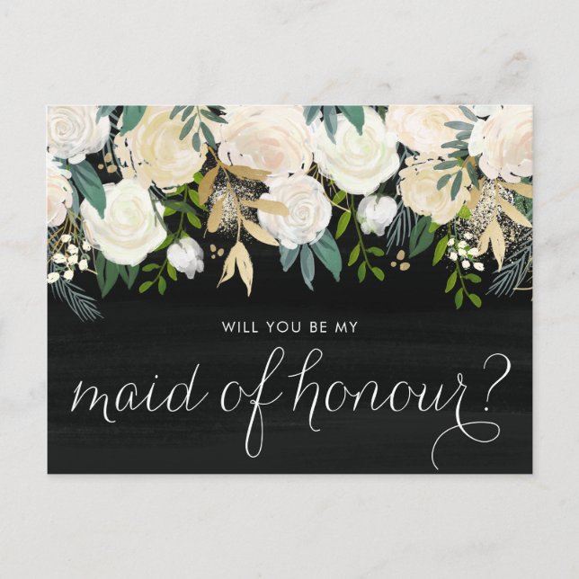 Invitation Carte Postale Chalkboard Peonies Serez-vous ma femme d'honneur (Devant)