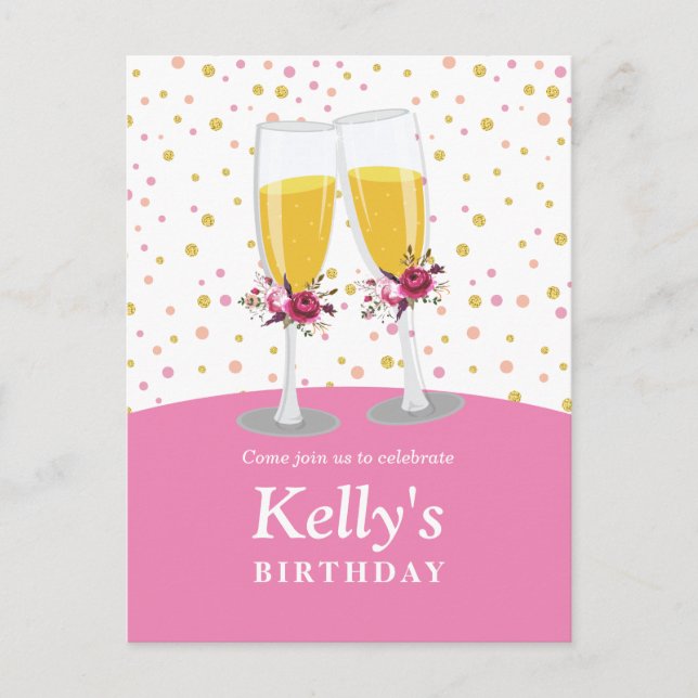 Invitation Carte Postale Champagne Brunch et Bubbly applaudissent l'anniver (Devant)