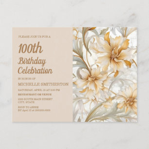 Invitation Carte Postale Champagne Floral Jaune Femmes 100e anniversaire