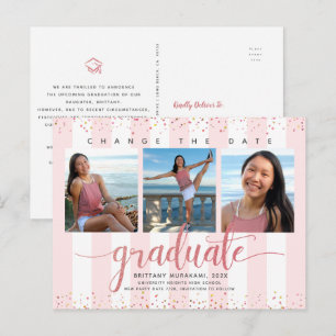 Invitation Carte Postale Changer la date rose or script graduation photo ch