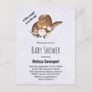 Invitation Carte Postale Chapeau de cowgirl marron avec fleurs roses pour B