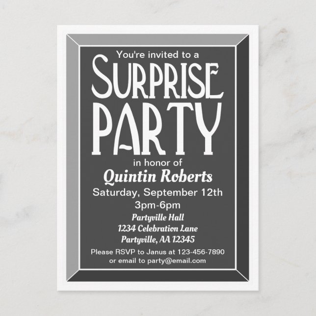 Invitation Carte Postale Charcoal Art Déco Beveled Anniversaire Surprise Pa (Devant)