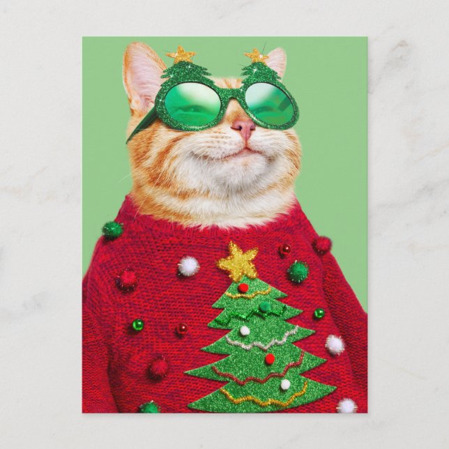 Invitation Carte Postale Chat dans un pull de Noël laid (Devant)