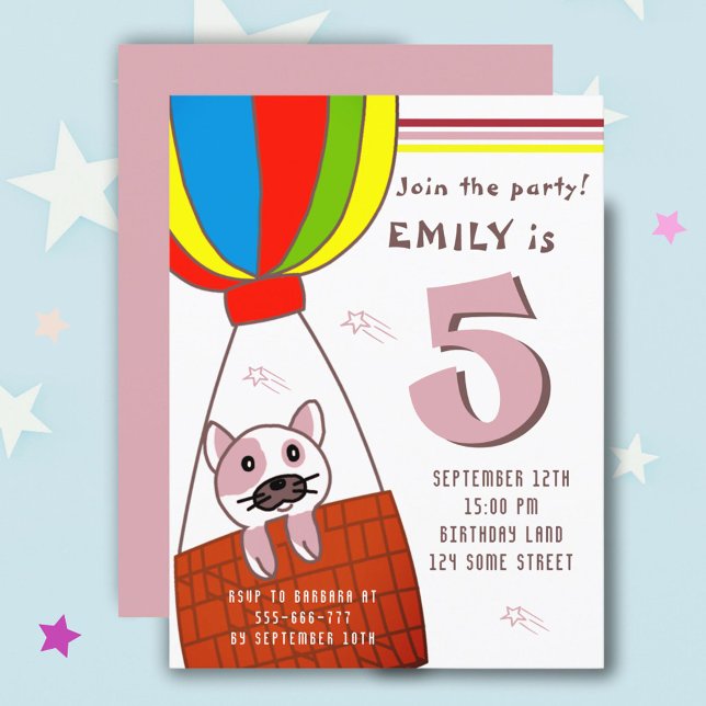 Invitation Carte Postale Chat mignon dans air chaud Balloon Girl Anniversai (Créateur téléchargé)