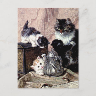 Invitation Carte Postale chats chatons jouer thé fête peinture antique
