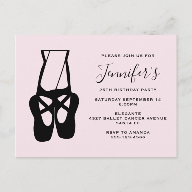 Invitation Carte Postale Chaussons Bleu Noir En Pointe Anniversaire (Devant)