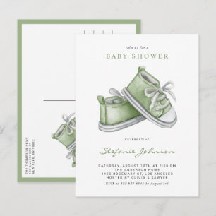 Invitation Carte Postale Chaussures de bébé vertes à l'aquarelle pour Baby