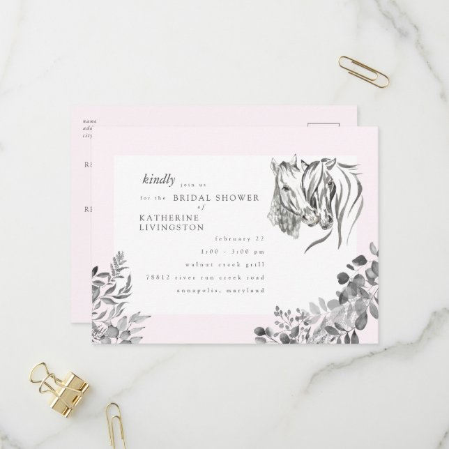 Invitation Carte Postale Chevaux Rustiques Nuzzant Fête des mariées rose (Devant/Arrière en situation)