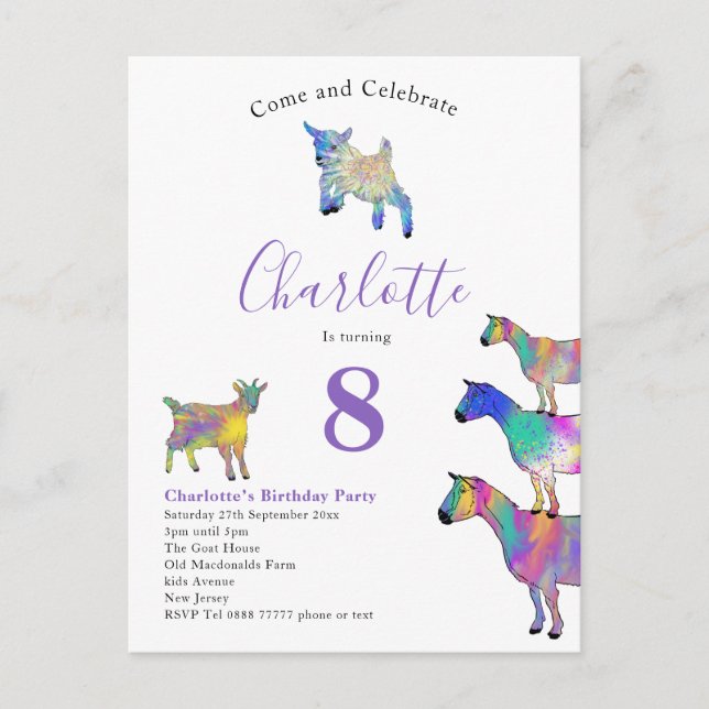 Invitation Carte Postale Chèvres Aquarelle Anniversaire fête violet (Devant)
