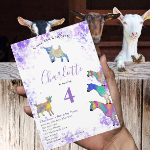 Invitation Carte Postale Chèvres Enfants 5e anniversaire Photo violet