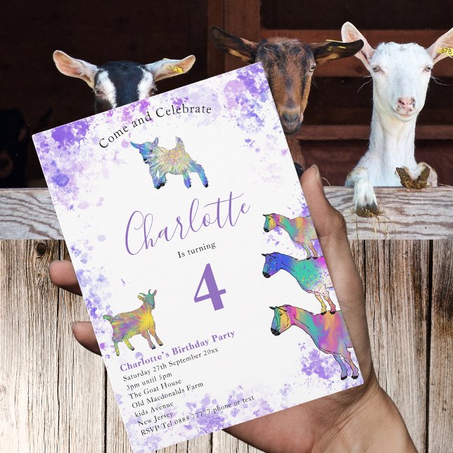 Invitation Carte Postale Chèvres Enfants 5e anniversaire Photo violet (Cute goats farm animal watercolor colorful 4th birthday party budget invitation postcard )
