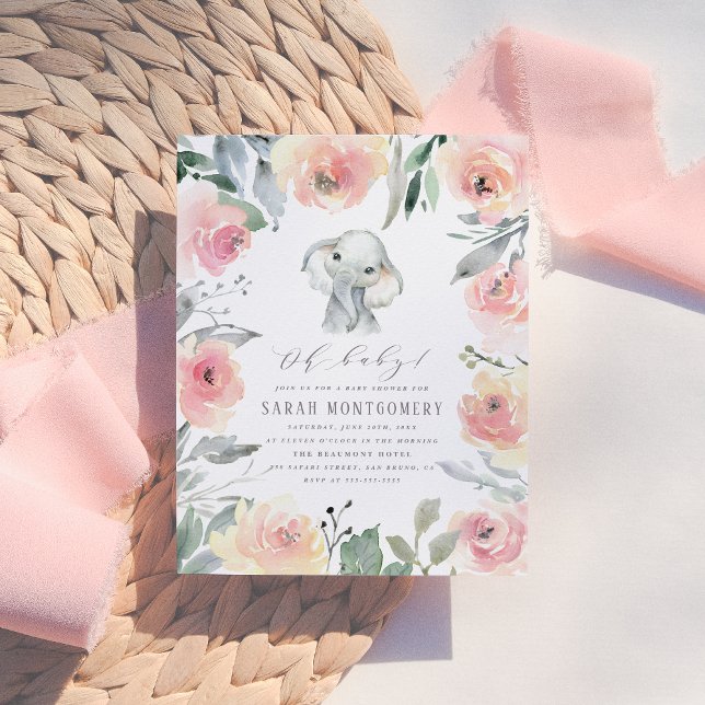 Invitation Carte Postale Chic Aquarelle Florale Eléphant Baby Girl Douche (Créateur téléchargé)