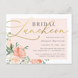 Invitation Carte Postale Chic Blush & Gold Script Floral Bridal Luncheon