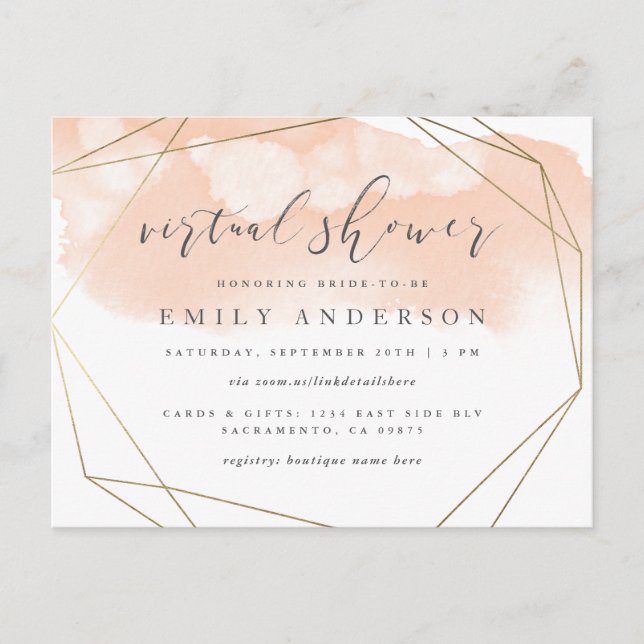 Invitation Carte Postale Chic Blush Rose Aquarelle Or Douche virtuelle (Devant)