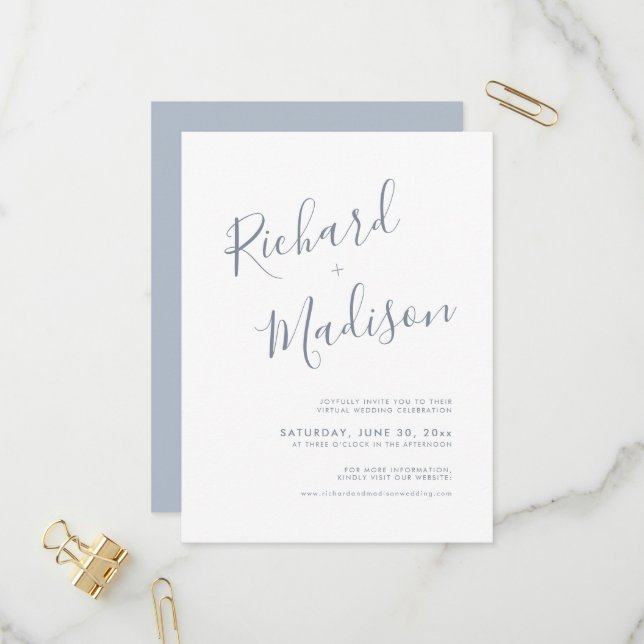 Invitation Carte Postale Chic Calligraphie Dusty Blue Photo Mariage virtuel (Devant/Arrière en situation)